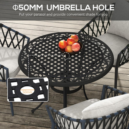 90cm Round Cast Aluminium Outdoor Dining Table with Parasol Hole for 2-4 - Black