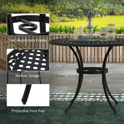 90cm Round Cast Aluminium Outdoor Dining Table with Parasol Hole for 2-4 - Black