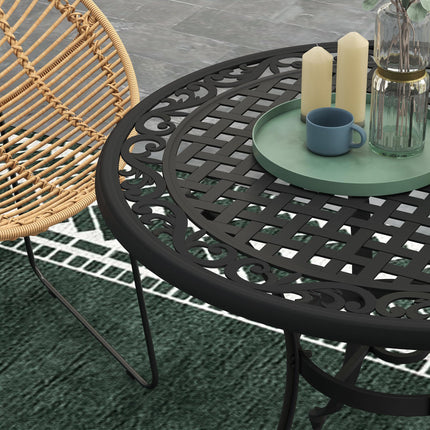 90cm Round Cast Aluminium Outdoor Dining Table with Parasol Hole for 2-4 - Black