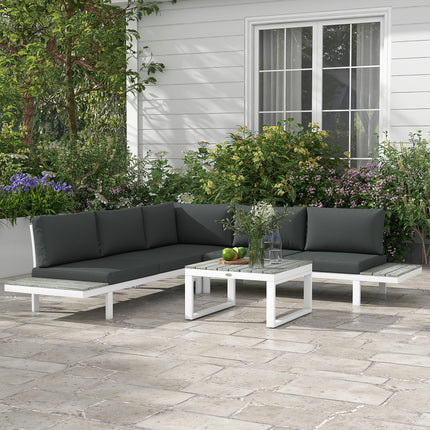 4-Piece Patio Garden Set with 5-Level Reclining Corner Sofa, Loveseats, Coffee Table & Cushions - White