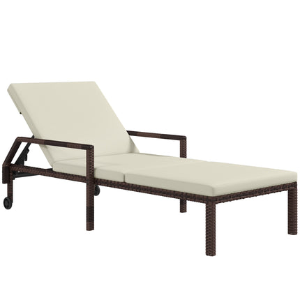 Rattan Outdoor Sun Lounger with Adjustable Backrest and Wheels - Brown