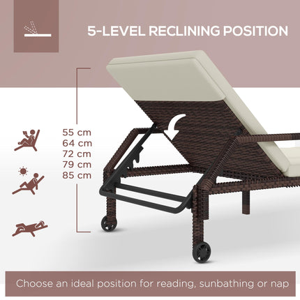 Rattan Outdoor Sun Lounger with Adjustable Backrest and Wheels - Brown