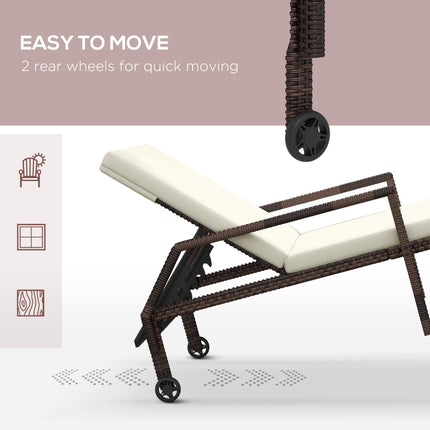 Rattan Outdoor Sun Lounger with Adjustable Backrest and Wheels - Brown