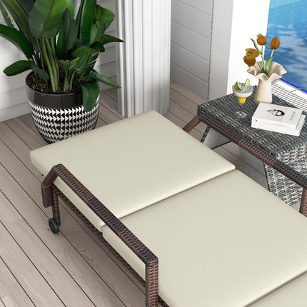 Rattan Outdoor Sun Lounger with Adjustable Backrest and Wheels - Brown