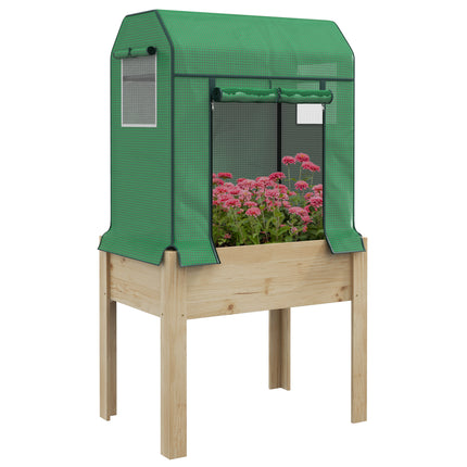 Wooden Raised Garden Bed 80x53cm with PE Greenhouse Cover and Liner - Natural Wood & Green