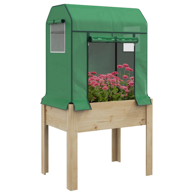 Wooden Raised Garden Bed 80x53cm with PE Greenhouse Cover and Liner - Natural Wood & Green