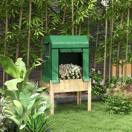 Wooden Raised Garden Bed 80x53cm with PE Greenhouse Cover and Liner - Natural Wood & Green