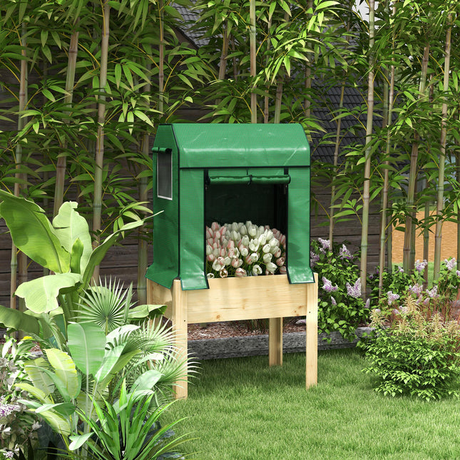 Wooden Raised Garden Bed 80x53cm with PE Greenhouse Cover and Liner - Natural Wood & Green