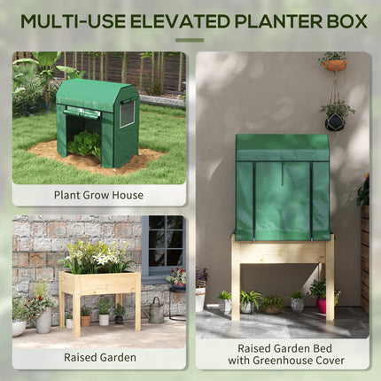 Wooden Raised Garden Bed 80x53cm with PE Greenhouse Cover and Liner - Natural Wood & Green