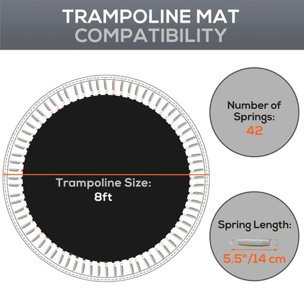 Replacement 8ft Trampoline Mat with Spring Pull Tool and 42 V-Hooks for 14cm Springs - Black