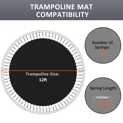 12ft Replacement Trampoline Mat with 72 V-Hooks and Spring Pull Tool for 14cm Springs - Black