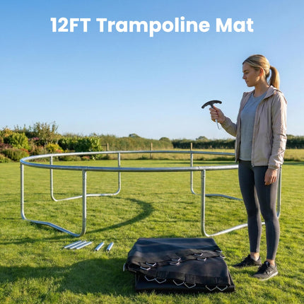 12ft Replacement Trampoline Mat with 72 V-Hooks and Spring Pull Tool for 14cm Springs - Black