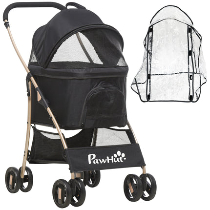 3-in-1 Detachable Pet Stroller with Rain Cover, Foldable Carry Bag, Universal Wheels & Brake - Black and Gold Tone