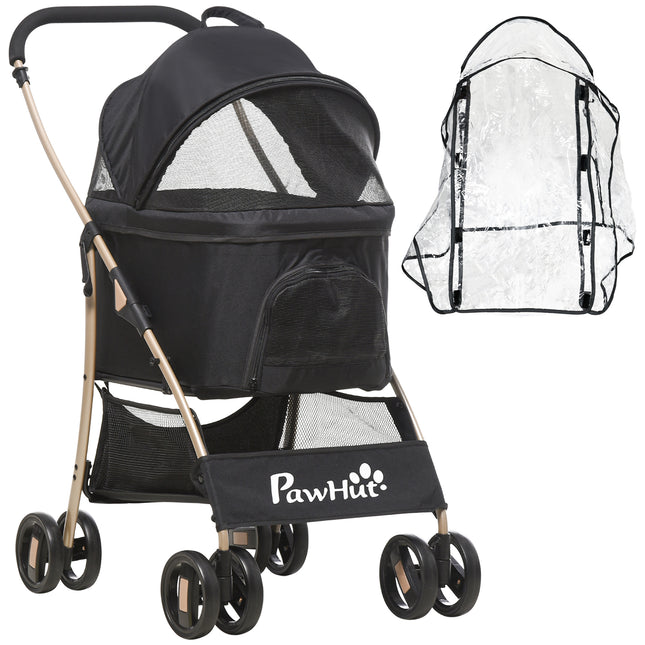 3-in-1 Detachable Pet Stroller with Rain Cover, Foldable Carry Bag, Universal Wheels & Brake - Black and Gold Tone