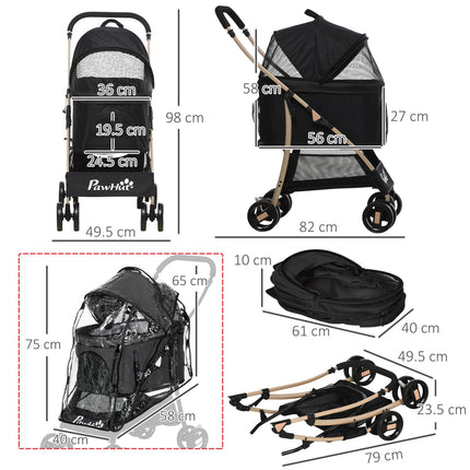 3-in-1 Detachable Pet Stroller with Rain Cover, Foldable Carry Bag, Universal Wheels & Brake - Black and Gold Tone