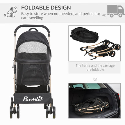 3-in-1 Detachable Pet Stroller with Rain Cover, Foldable Carry Bag, Universal Wheels & Brake - Black and Gold Tone