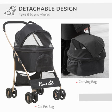 3-in-1 Detachable Pet Stroller with Rain Cover, Foldable Carry Bag, Universal Wheels & Brake - Black and Gold Tone