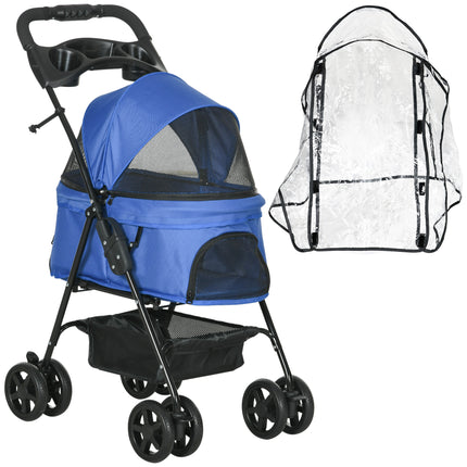 Dog Stroller with Rain Cover, One-Click Fold Pushchair with EVA Wheels, Brake, Adjustable Canopy & Safety Leash - Blue