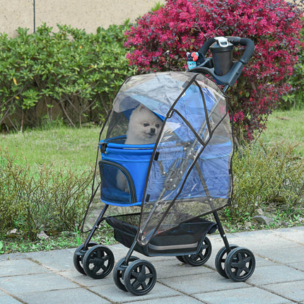 Dog Stroller with Rain Cover, One-Click Fold Pushchair with EVA Wheels, Brake, Adjustable Canopy & Safety Leash - Blue
