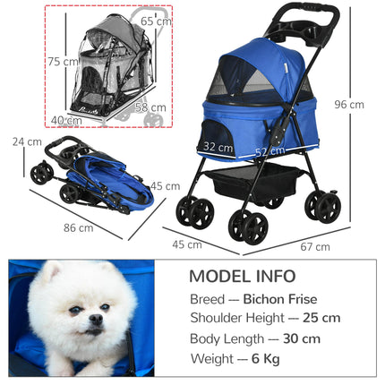 Dog Stroller with Rain Cover, One-Click Fold Pushchair with EVA Wheels, Brake, Adjustable Canopy & Safety Leash - Blue