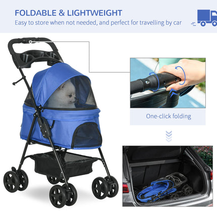 Dog Stroller with Rain Cover, One-Click Fold Pushchair with EVA Wheels, Brake, Adjustable Canopy & Safety Leash - Blue