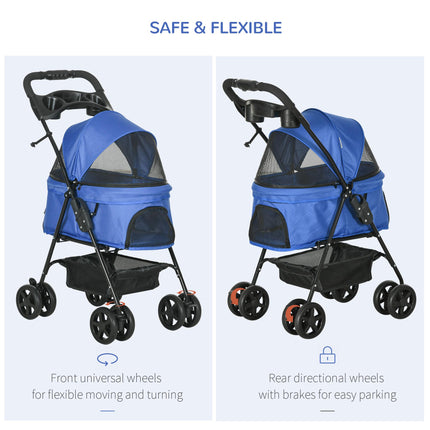 Dog Stroller with Rain Cover, One-Click Fold Pushchair with EVA Wheels, Brake, Adjustable Canopy & Safety Leash - Blue