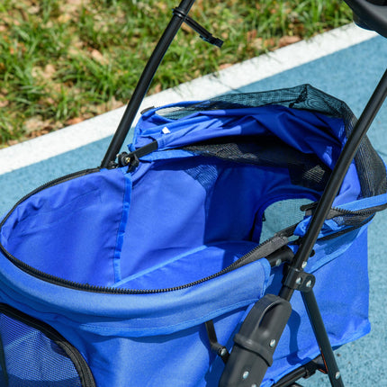 Dog Stroller with Rain Cover, One-Click Fold Pushchair with EVA Wheels, Brake, Adjustable Canopy & Safety Leash - Blue