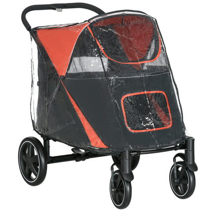 One-Click Foldable Pet Travel Stroller with Rain Cover, Shock Absorber & Storage Bags - Red & Black