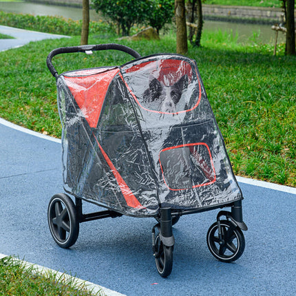 One-Click Foldable Pet Travel Stroller with Rain Cover, Shock Absorber & Storage Bags - Red & Black