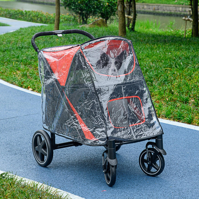 One-Click Foldable Pet Travel Stroller with Rain Cover, Shock Absorber & Storage Bags - Red & Black