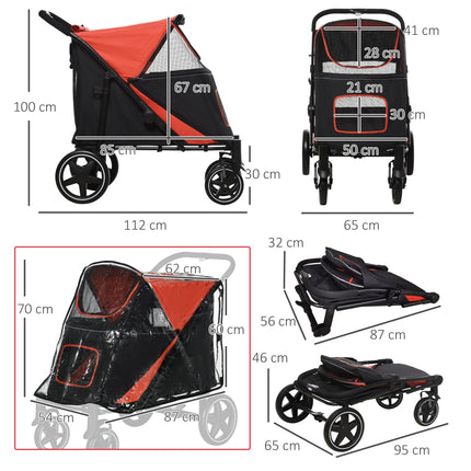 One-Click Foldable Pet Travel Stroller with Rain Cover, Shock Absorber & Storage Bags - Red & Black
