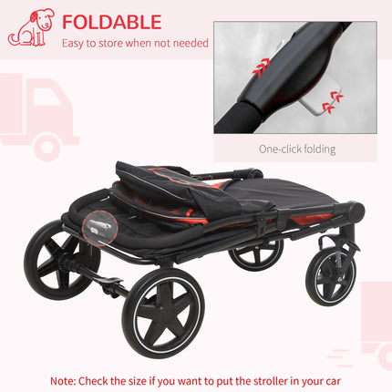 One-Click Foldable Pet Travel Stroller with Rain Cover, Shock Absorber & Storage Bags - Red & Black