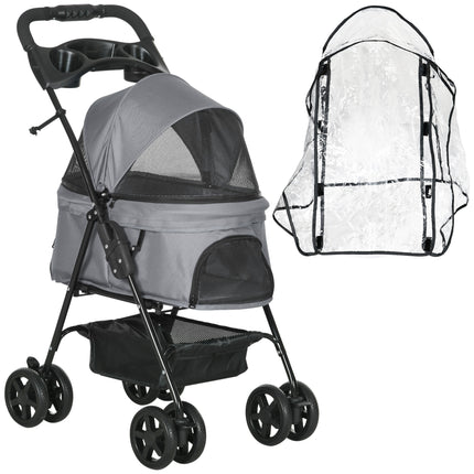 Dog Stroller with Rain Cover, One-Click Fold Pushchair Jogger for Small Dogs with Basket, Adjustable Canopy, Safety Leash - Grey