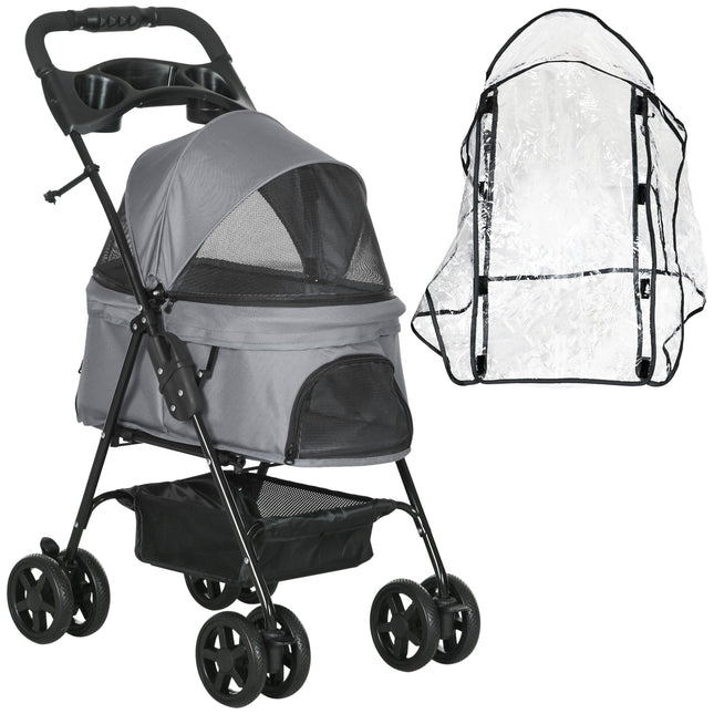 Dog Stroller with Rain Cover, One-Click Fold Pushchair Jogger for Small Dogs with Basket, Adjustable Canopy, Safety Leash - Grey