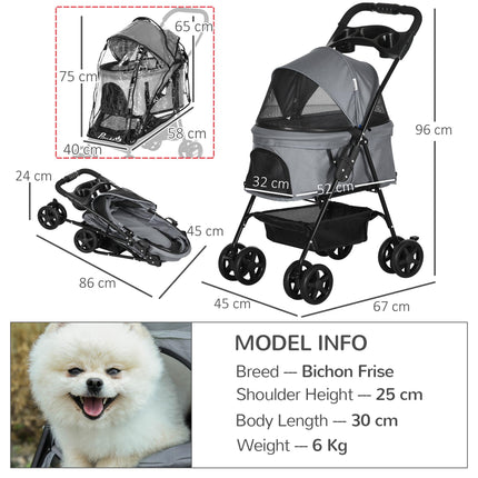 Dog Stroller with Rain Cover, One-Click Fold Pushchair Jogger for Small Dogs with Basket, Adjustable Canopy, Safety Leash - Grey