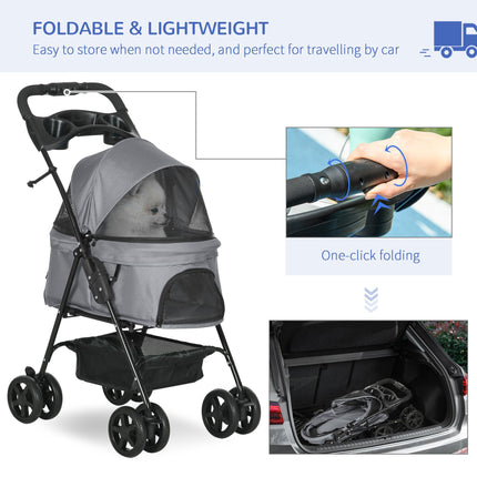 Dog Stroller with Rain Cover, One-Click Fold Pushchair Jogger for Small Dogs with Basket, Adjustable Canopy, Safety Leash - Grey