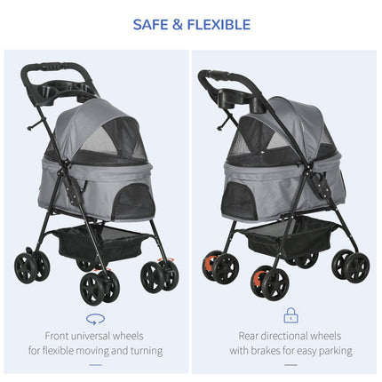 Dog Stroller with Rain Cover, One-Click Fold Pushchair Jogger for Small Dogs with Basket, Adjustable Canopy, Safety Leash - Grey