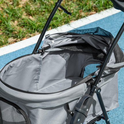Dog Stroller with Rain Cover, One-Click Fold Pushchair Jogger for Small Dogs with Basket, Adjustable Canopy, Safety Leash - Grey