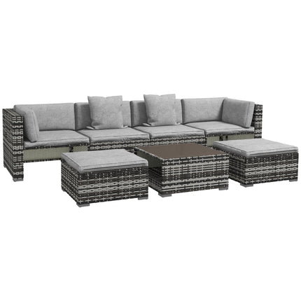 7 Piece Rattan Patio Furniture Set with Cushions and Glass Coffee Table - Mixed Grey