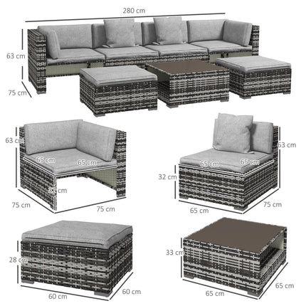 7 Piece Rattan Patio Furniture Set with Cushions and Glass Coffee Table - Mixed Grey