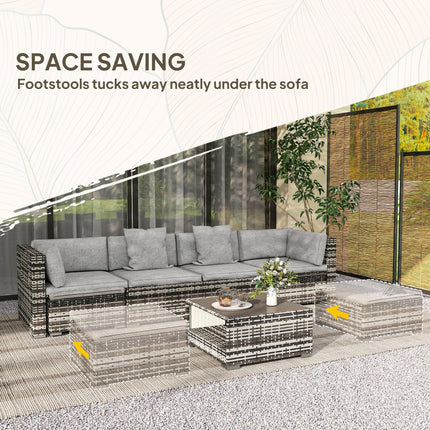 7 Piece Rattan Patio Furniture Set with Cushions and Glass Coffee Table - Mixed Grey