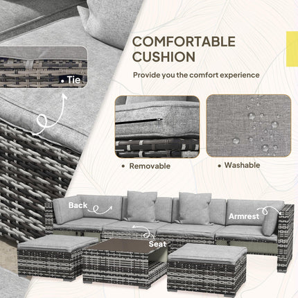 7 Piece Rattan Patio Furniture Set with Cushions and Glass Coffee Table - Mixed Grey