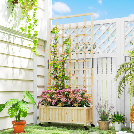 Wooden Raised Garden Bed with Trellis and Wheels - Natural Finish