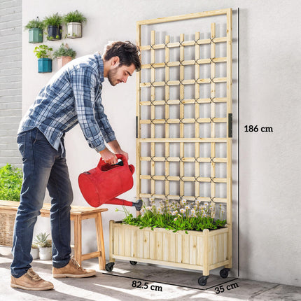 Wooden Raised Garden Bed with Trellis and Wheels - Natural Finish