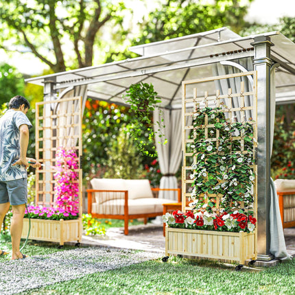 Wooden Raised Garden Bed with Trellis and Wheels - Natural Finish