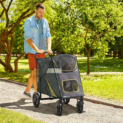 One-Click Foldable Pet Travel Stroller with Rain Cover, Shock Absorber & Storage Bags - Dark Grey