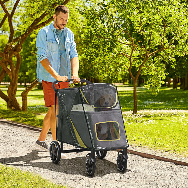 One-Click Foldable Pet Travel Stroller with Rain Cover, Shock Absorber & Storage Bags - Dark Grey