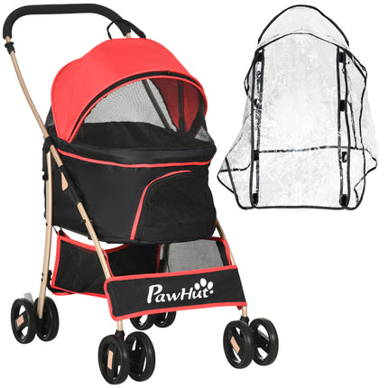 3-in-1 Detachable Pet Stroller with Rain Cover, Universal Wheels, Brake & Basket - Red and Gold Tone