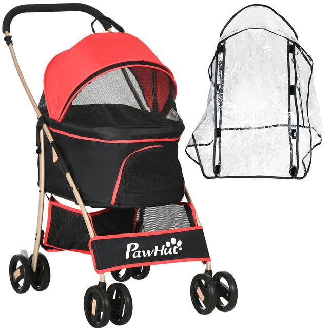 3-in-1 Detachable Pet Stroller with Rain Cover, Universal Wheels, Brake & Basket - Red and Gold Tone