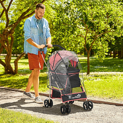 3-in-1 Detachable Pet Stroller with Rain Cover, Universal Wheels, Brake & Basket - Red and Gold Tone